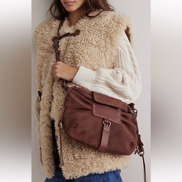 We The Free Handbags - Free People We The Free Suede Leather Silvie Studded Sling Cognac Brown Bag NWT